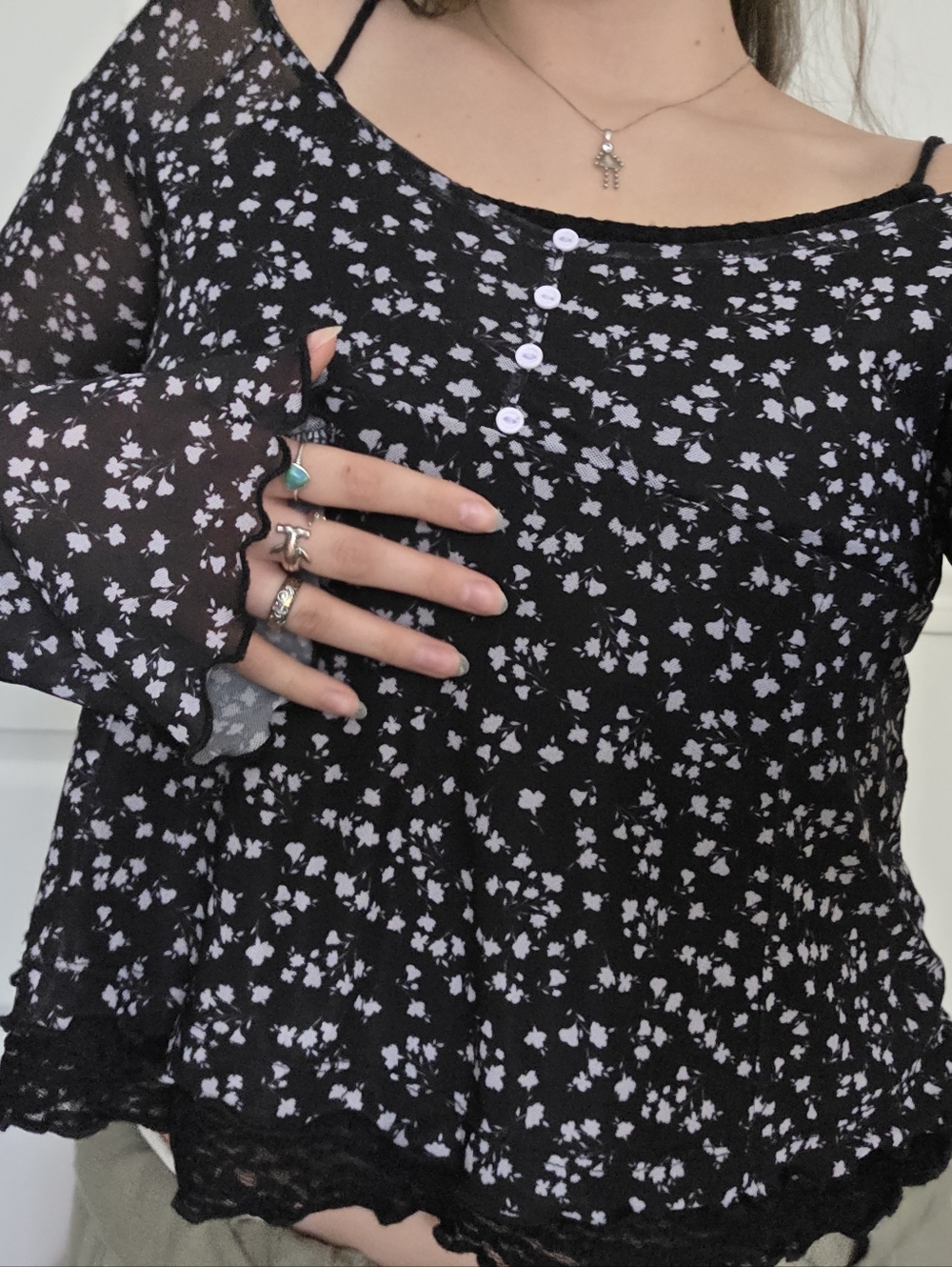 Black Floral Sheer Button-Front Blouse